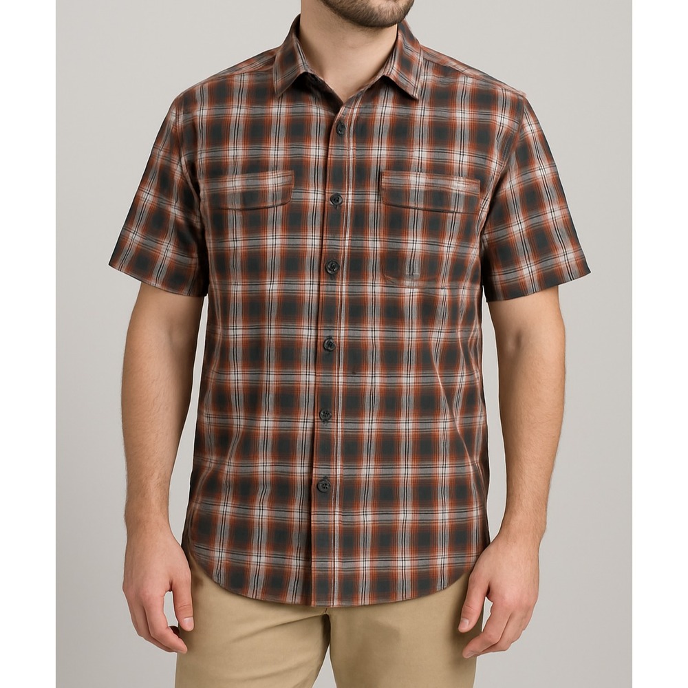 Sahara Club‎ Men's Plaid Button Up Shirt L Orange Gray Black Short Sleeve Top